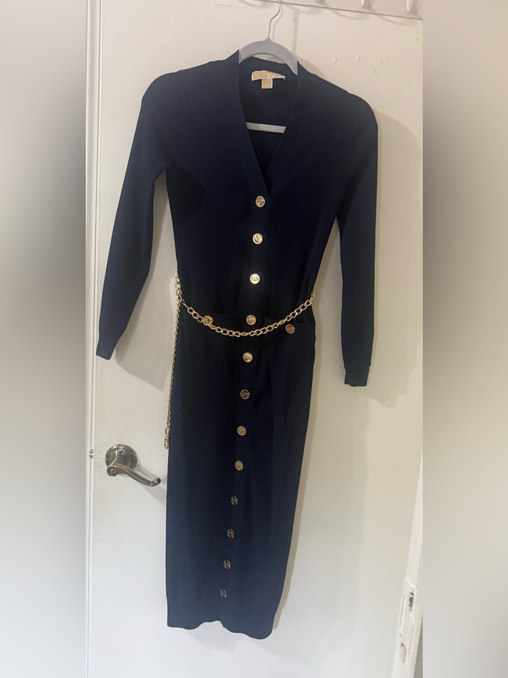 Michael Kors Navy Long-Sleeve Button Dress with Gold Chain